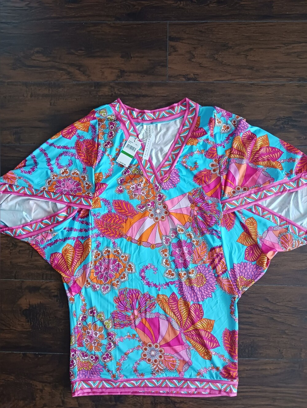 Trina Turk Vibrant Floral V-Neck Top - Turquoise/Pink